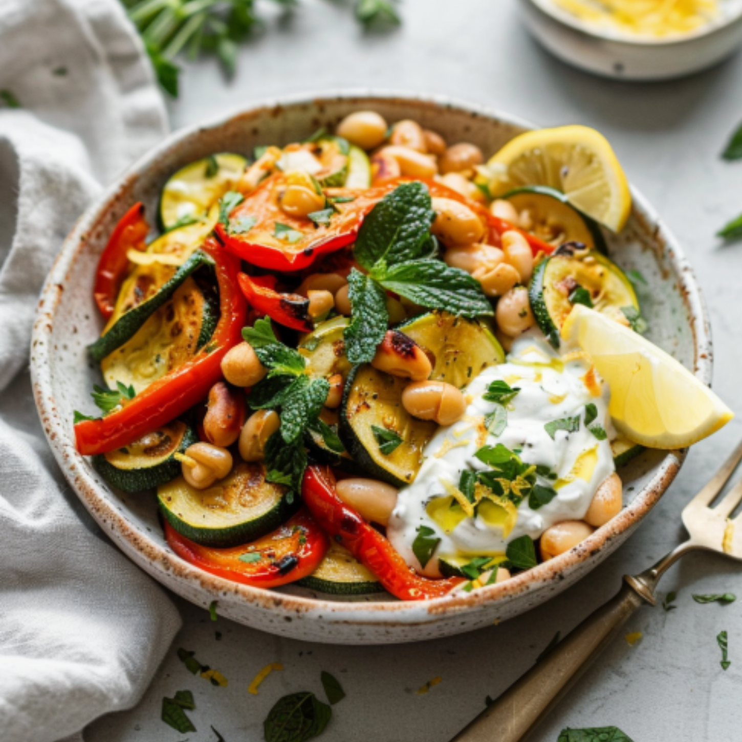 Lemon-Yogurt White Bean Bowl with Roasted Vegetables