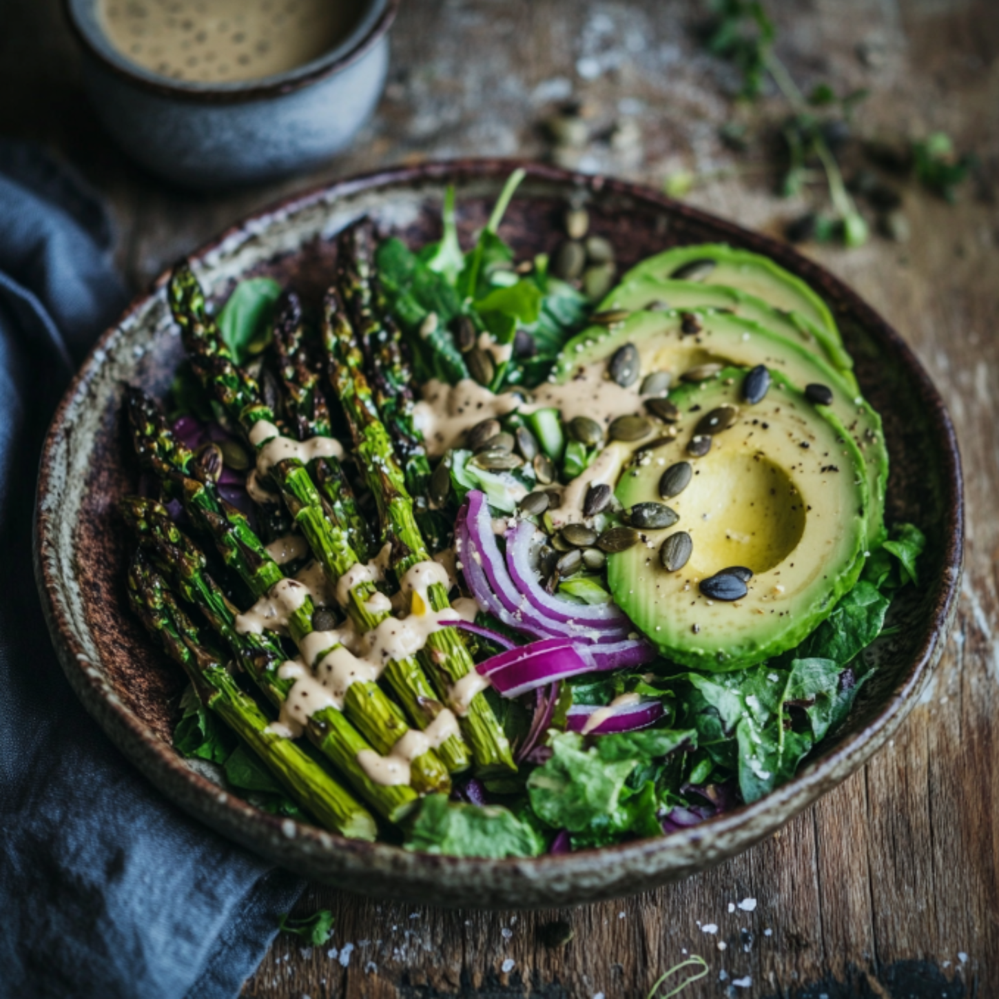 Roasted Asparagus & Avocado Salad with Lemon-Tahini Dressing