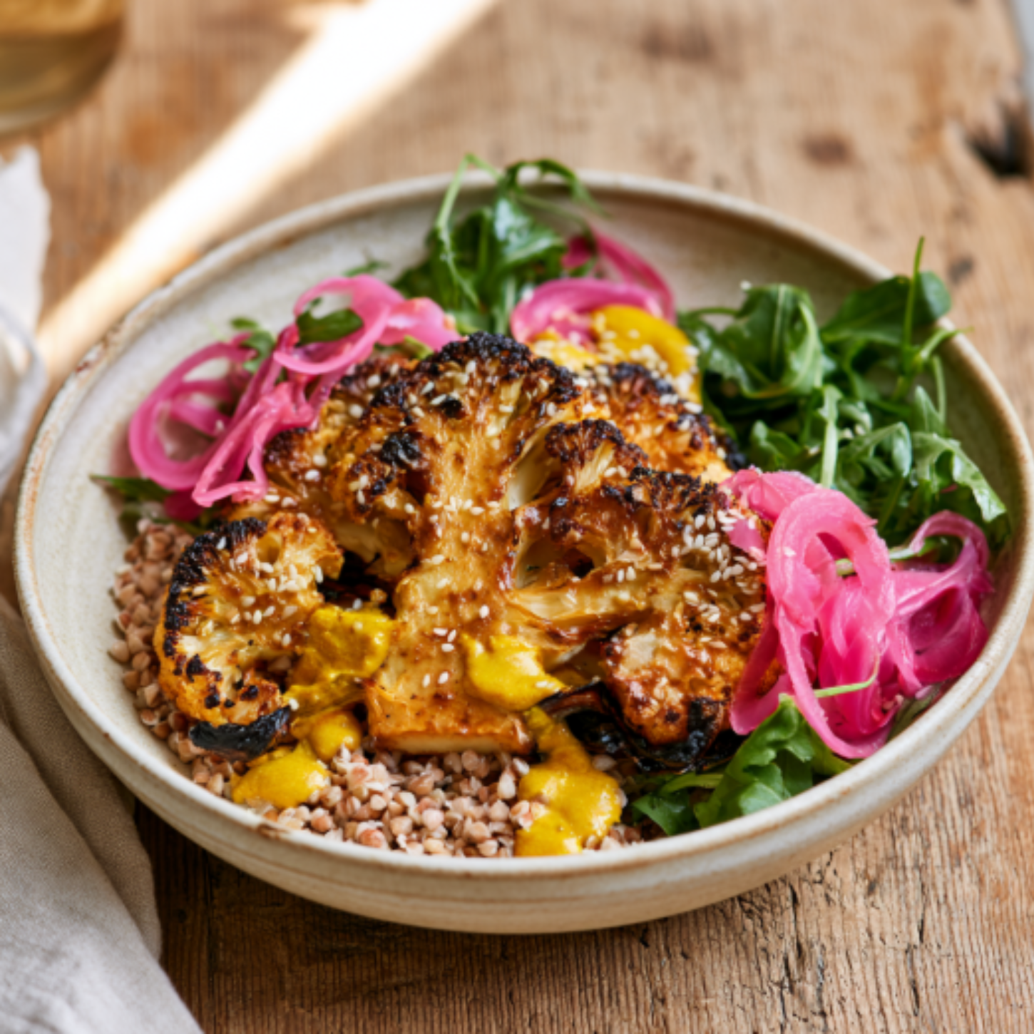 Miso-Glazed Cauliflower Steaks with Buckwheat, Pickled Red Onion, and Tahini-Turmeric Drizzle