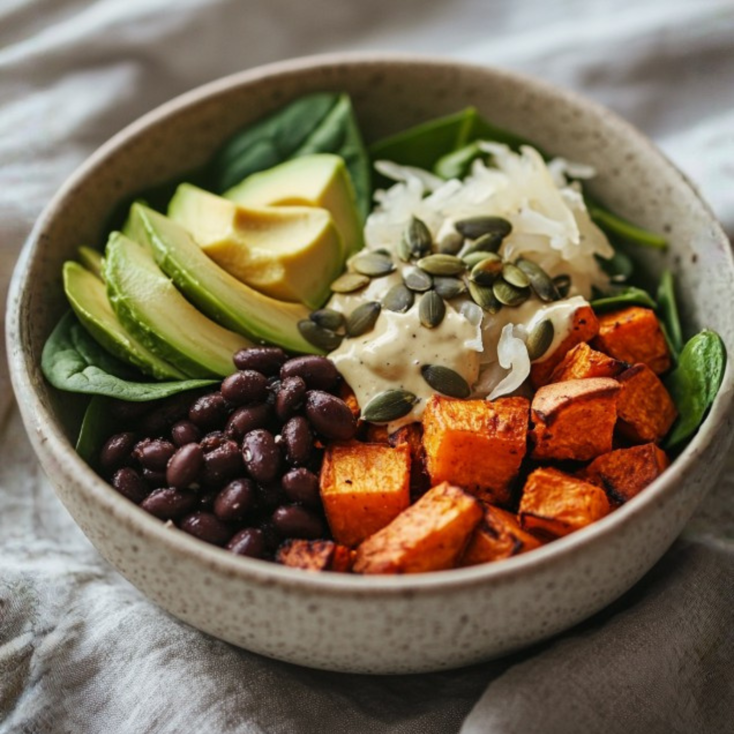 Roasted Sweet Potato and Black Bean Bowl with Sauerkraut