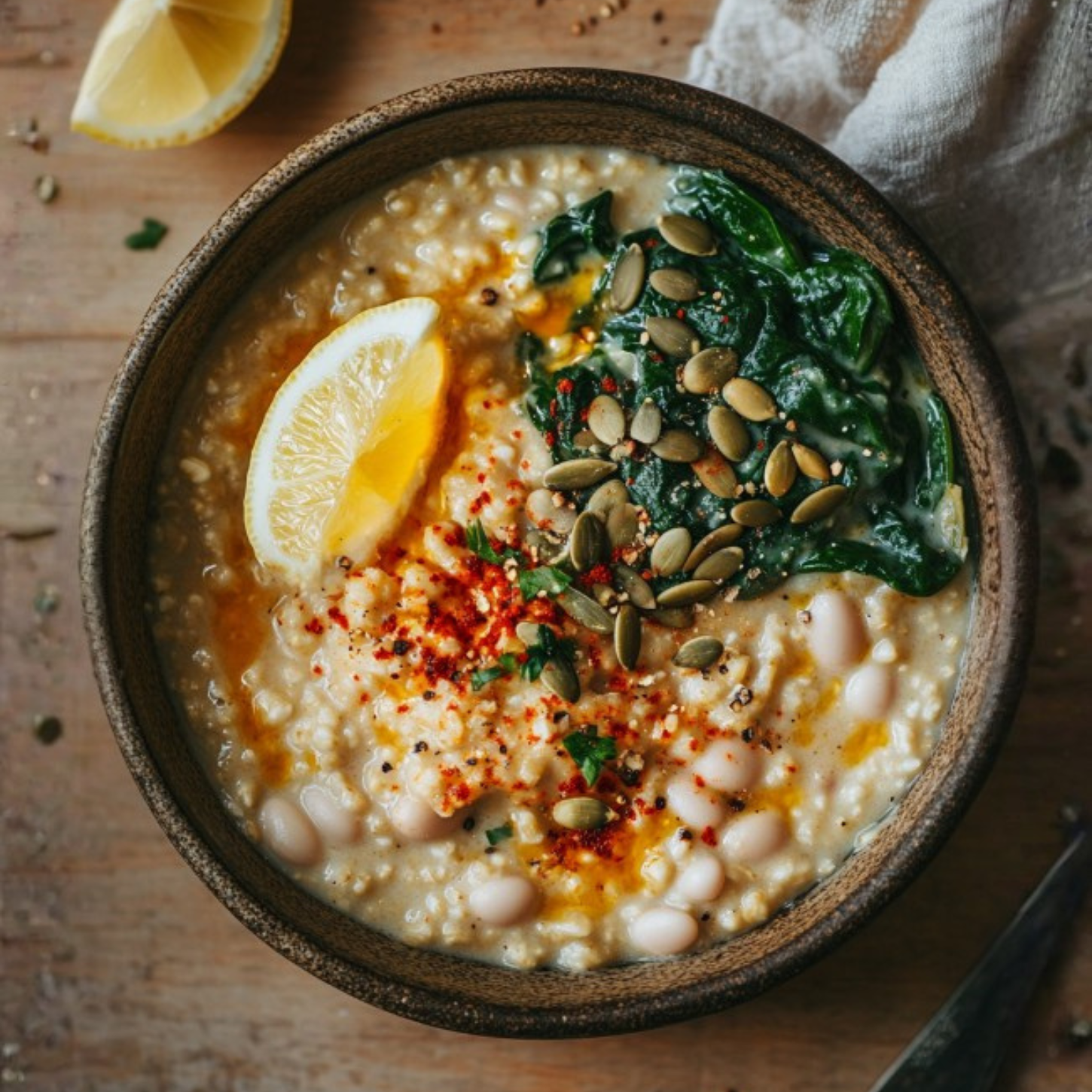 Savory Oat Bowl with Garlic, Spinach and White Beans