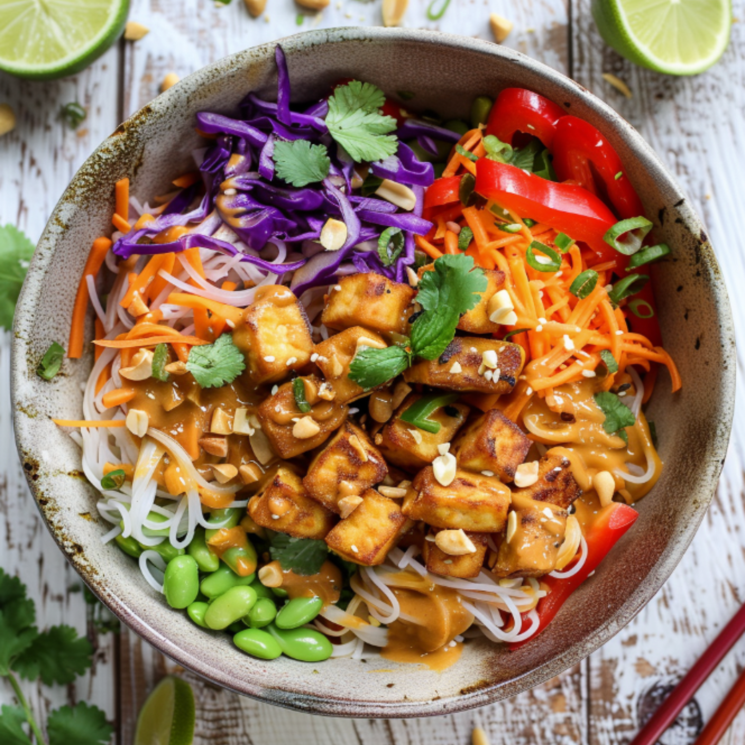Thai-Inspired Peanut Noodle Bowl with Crispy Tempeh