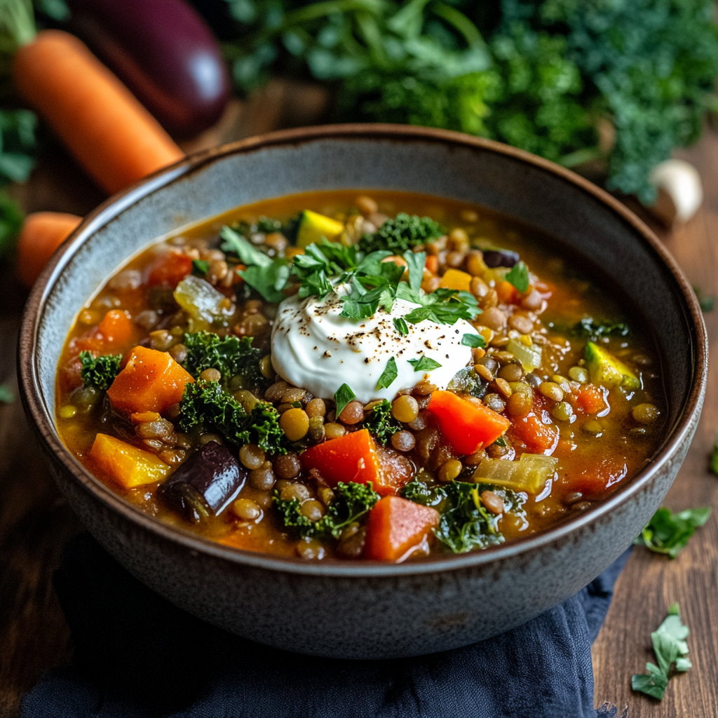 Mediterranean Lentil & Vegetable Stew with Herbed Cashew Cream